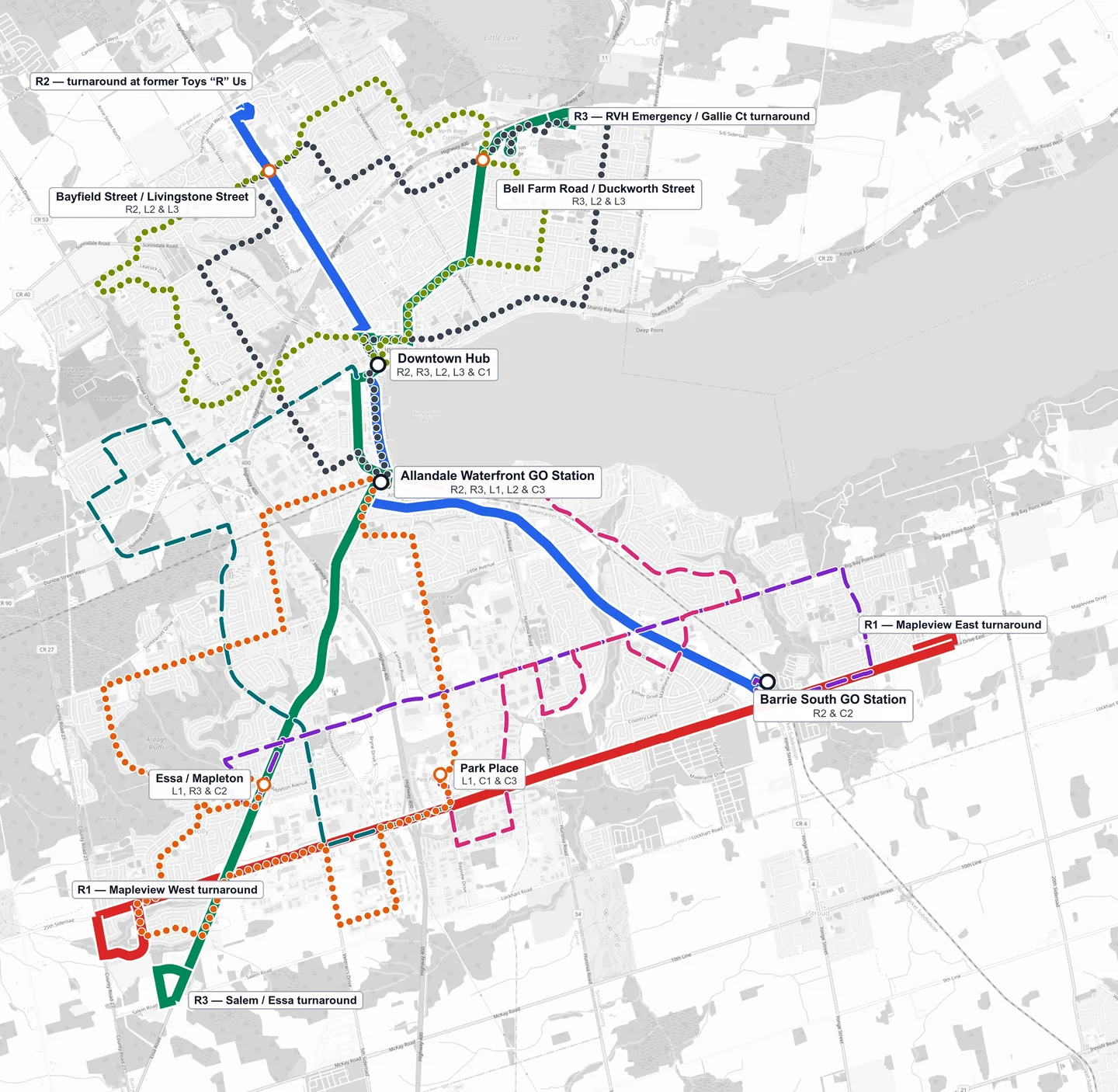 Concept map of the proposed Barrie Rapid Network, showing three Rapid Lines, three Loop Lines and three Connector Lines.