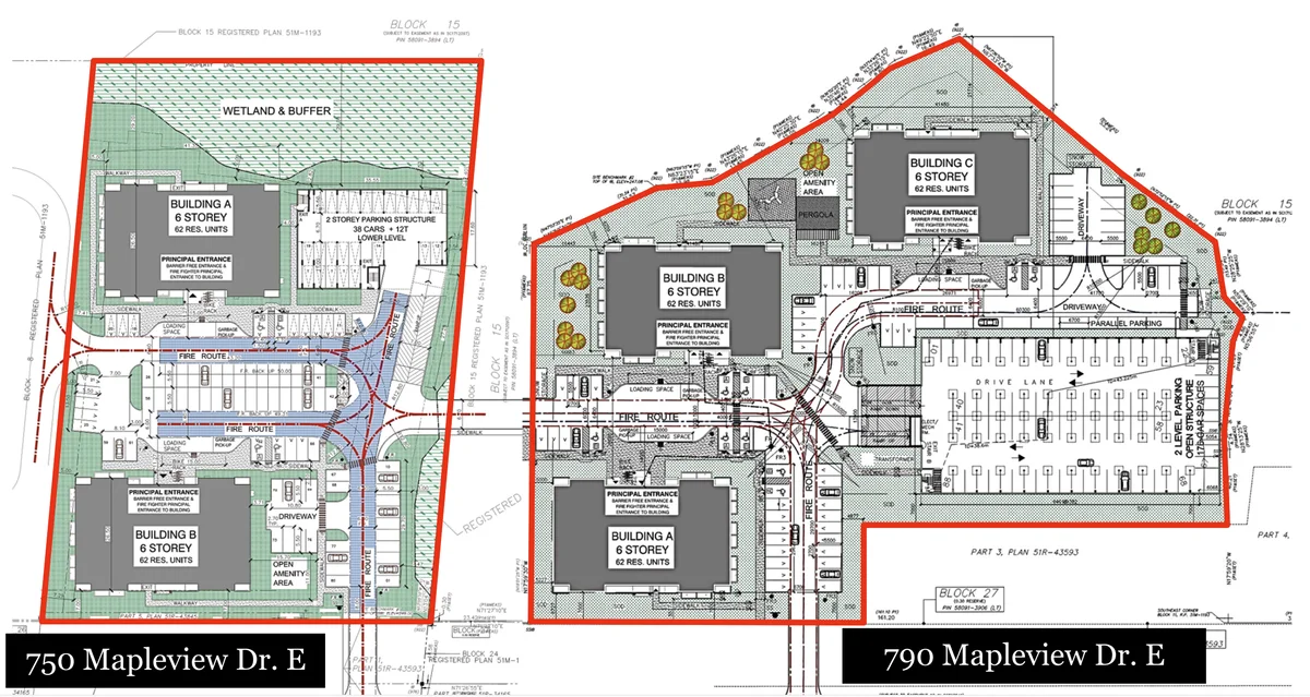 Proposed site plans for 750 and 790 Mapleview Drive East showing two six-storey residential buildings at 750 and three six-storey residential buildings at 790.