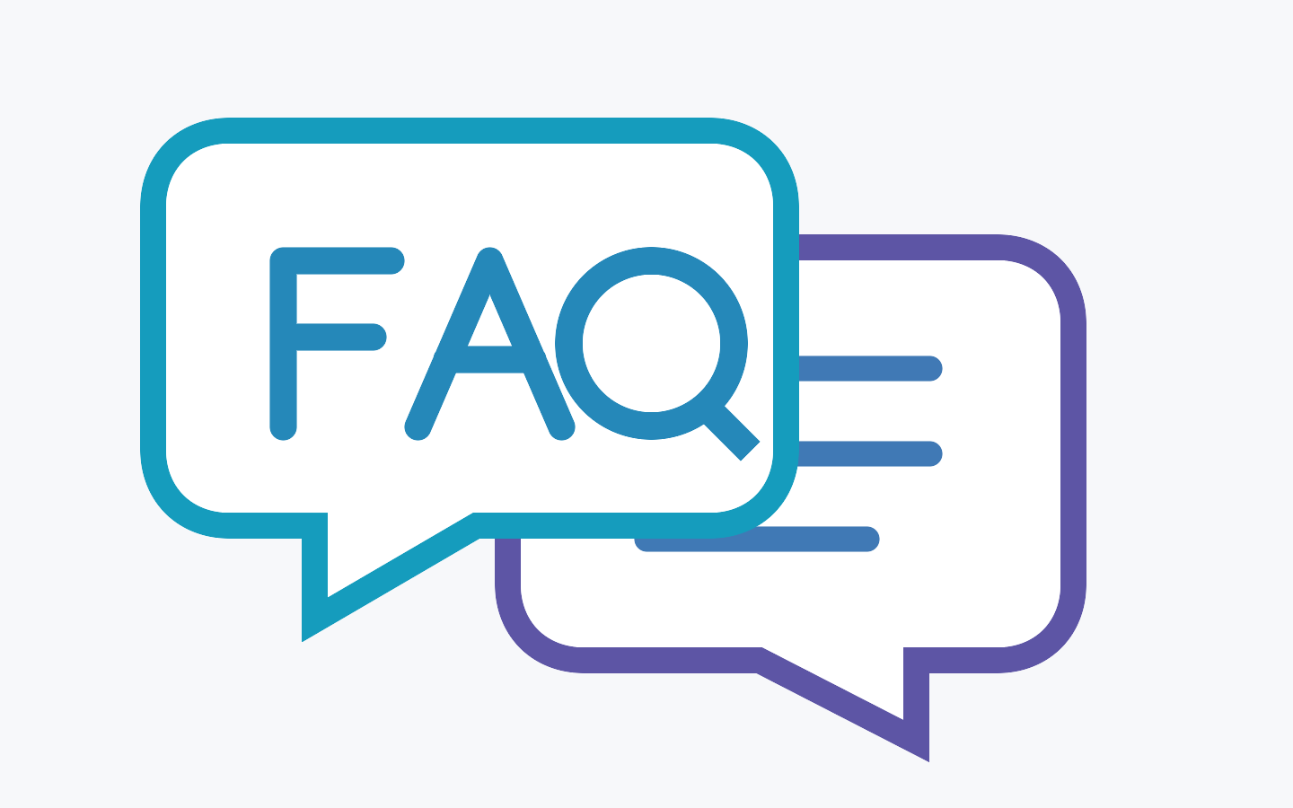 FAQ displayed inside two overlapping blue and purple speech bubbles.